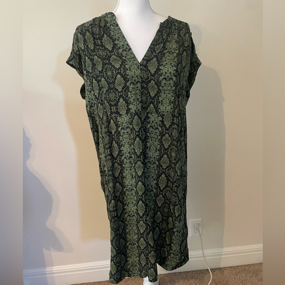 Green and black python print dress by Anthropologie